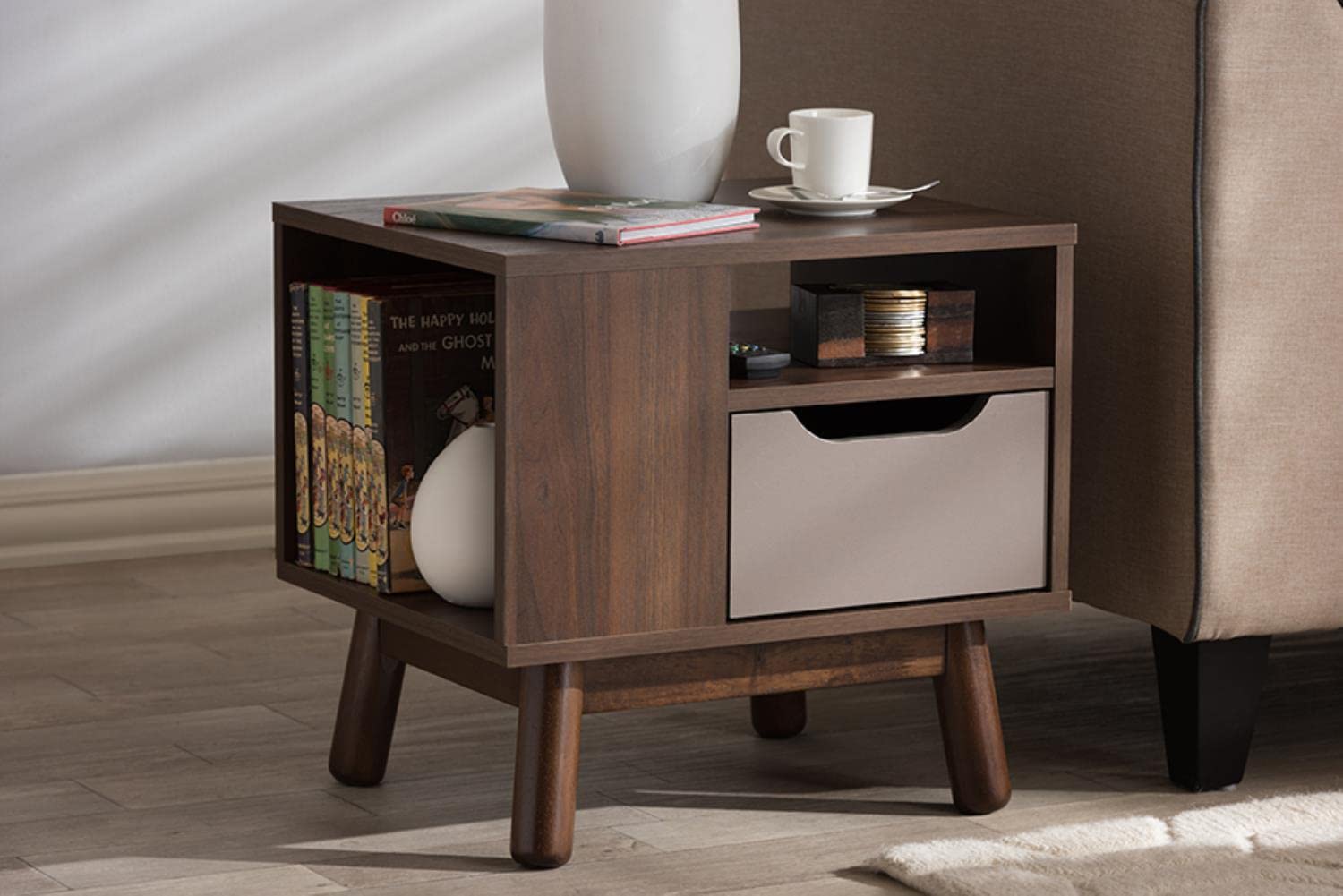 Baxton Studio Britta Mid-Century Modern Walnut Brown and Grey Two-Tone Finished Wood Nightstand Grey//Medium Wood/Mid-Century/Particle Board/MDF
